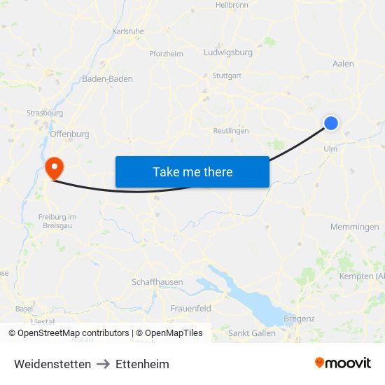 Weidenstetten to Ettenheim map