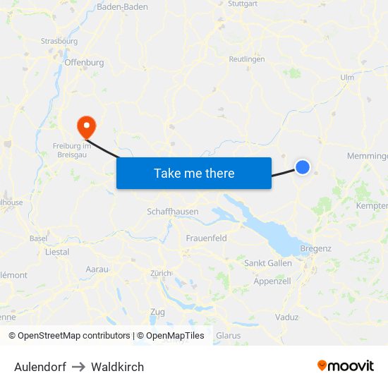Aulendorf to Waldkirch map