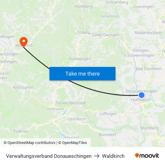 Verwaltungsverband Donaueschingen to Waldkirch map