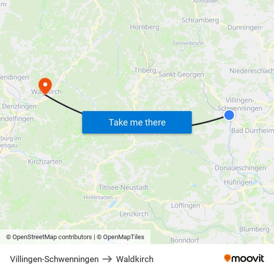 Villingen-Schwenningen to Waldkirch map