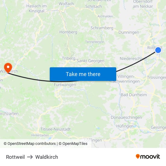 Rottweil to Waldkirch map