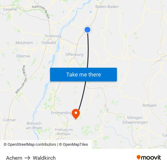 Achern to Waldkirch map