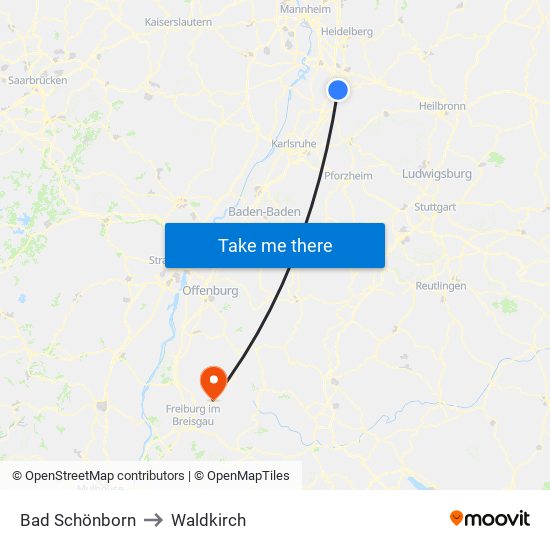 Bad Schönborn to Waldkirch map