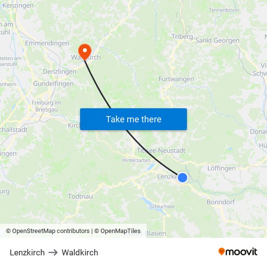 Lenzkirch to Waldkirch map