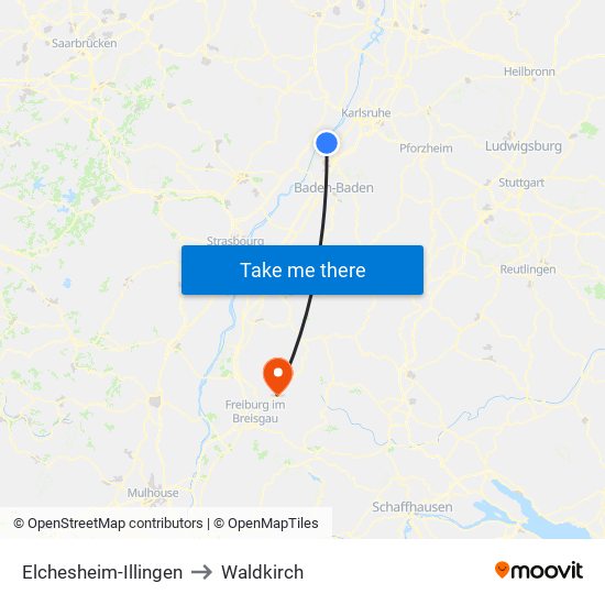 Elchesheim-Illingen to Waldkirch map