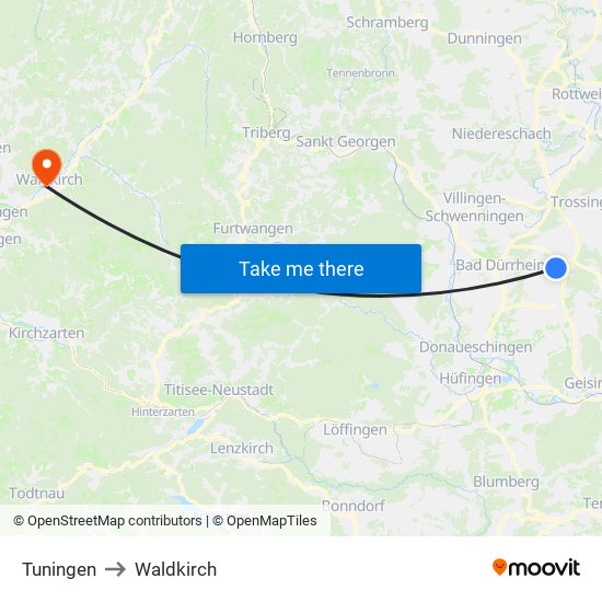 Tuningen to Waldkirch map