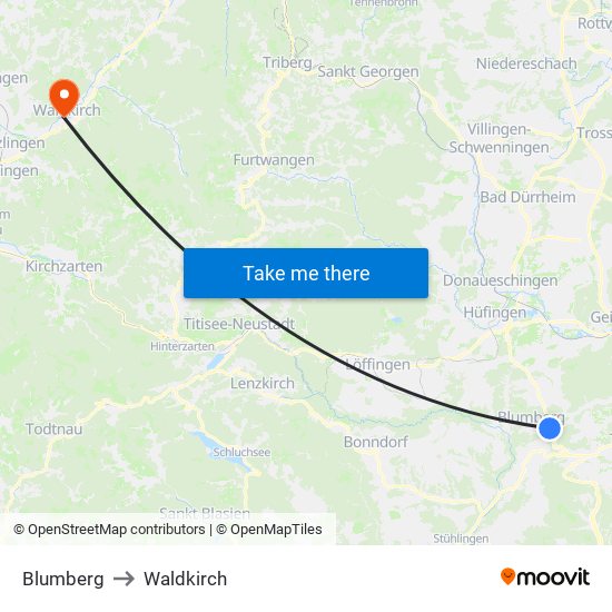 Blumberg to Waldkirch map