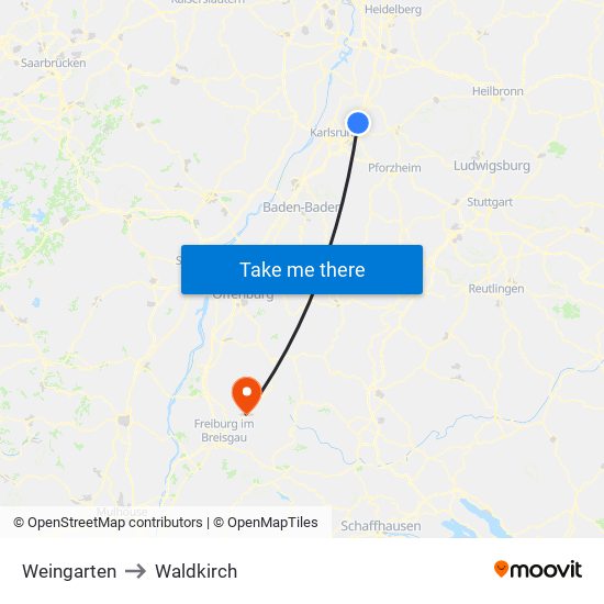 Weingarten to Waldkirch map