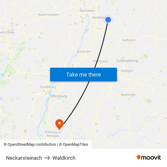 Neckarsteinach to Waldkirch map