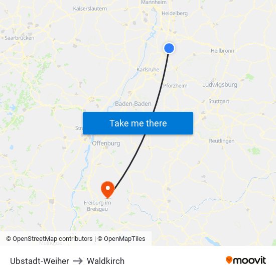 Ubstadt-Weiher to Waldkirch map