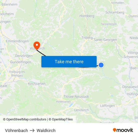 Vöhrenbach to Waldkirch map