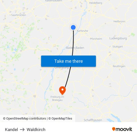 Kandel to Waldkirch map