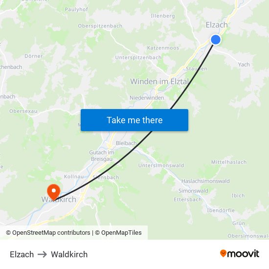 Elzach to Waldkirch map