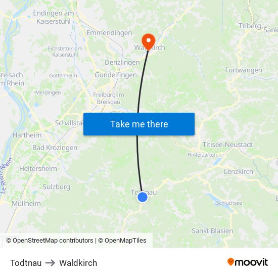 Todtnau to Waldkirch map