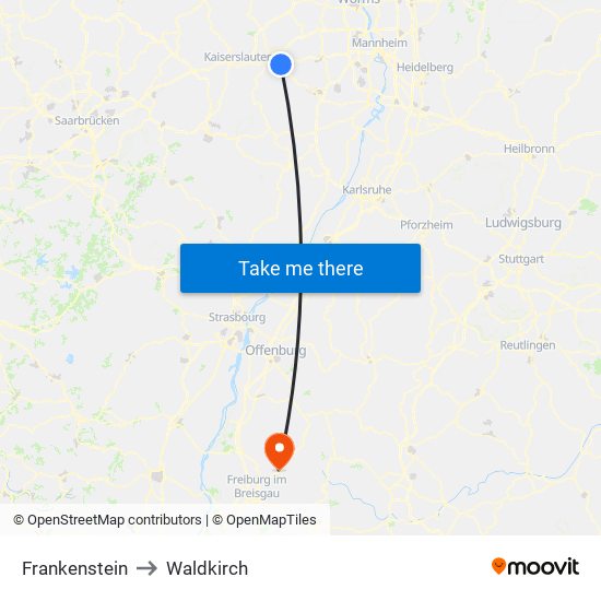 Frankenstein to Waldkirch map