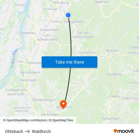 Ohlsbach to Waldkirch map