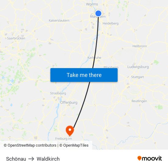 Schönau to Waldkirch map