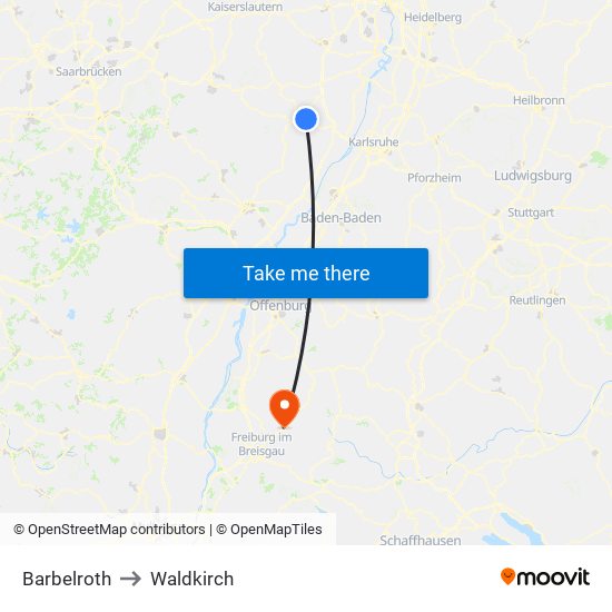Barbelroth to Waldkirch map