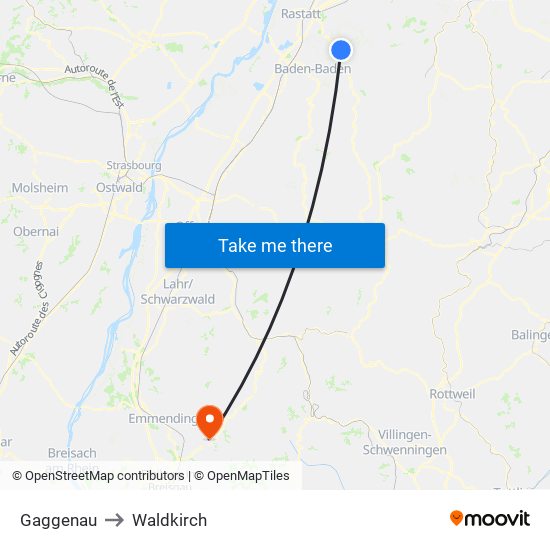 Gaggenau to Waldkirch map