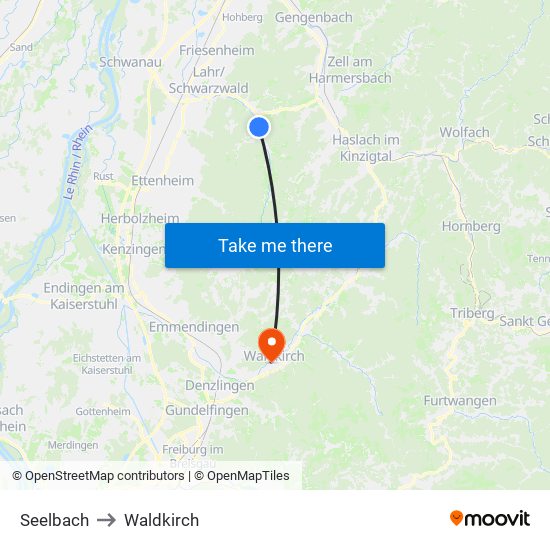 Seelbach to Waldkirch map