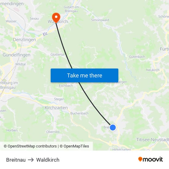 Breitnau to Waldkirch map