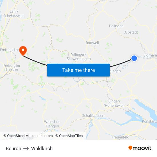 Beuron to Waldkirch map