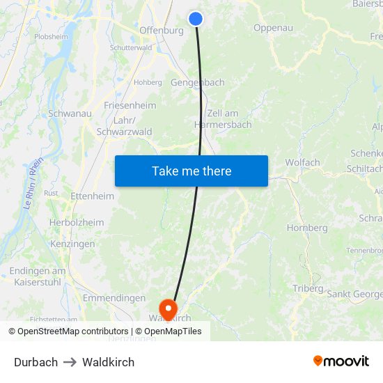 Durbach to Waldkirch map
