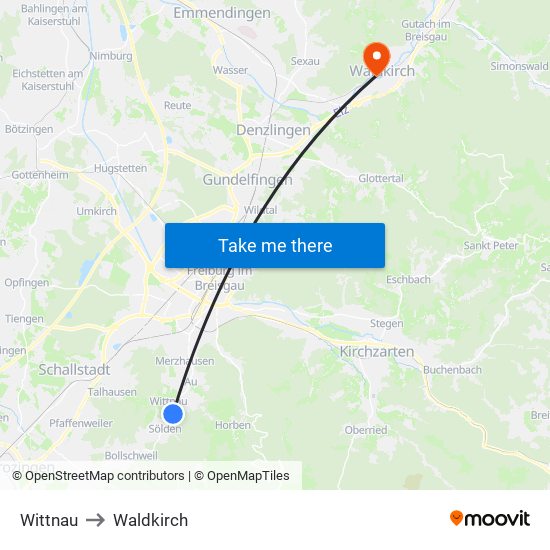 Wittnau to Waldkirch map