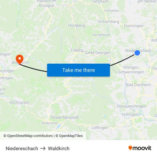 Niedereschach to Waldkirch map