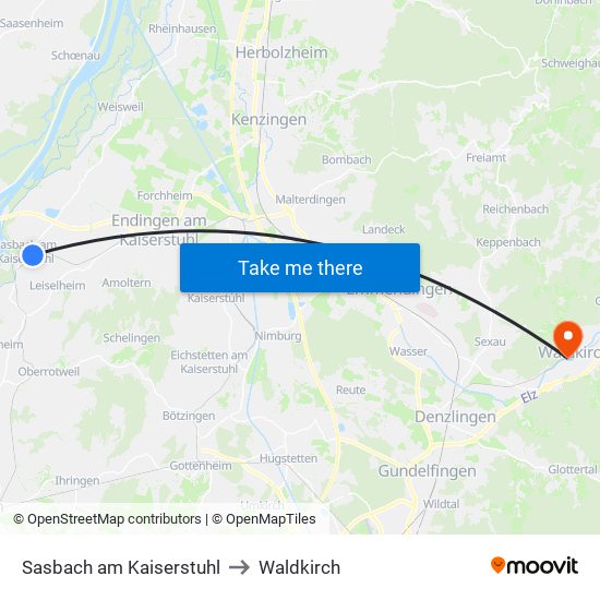 Sasbach am Kaiserstuhl to Waldkirch map