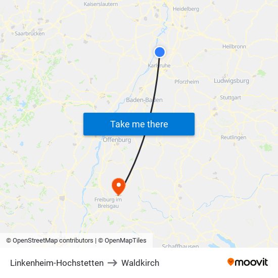 Linkenheim-Hochstetten to Waldkirch map