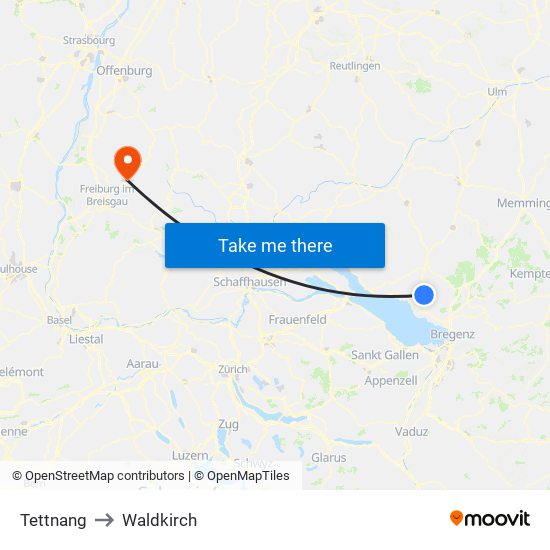 Tettnang to Waldkirch map