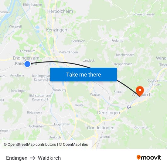 Endingen to Waldkirch map