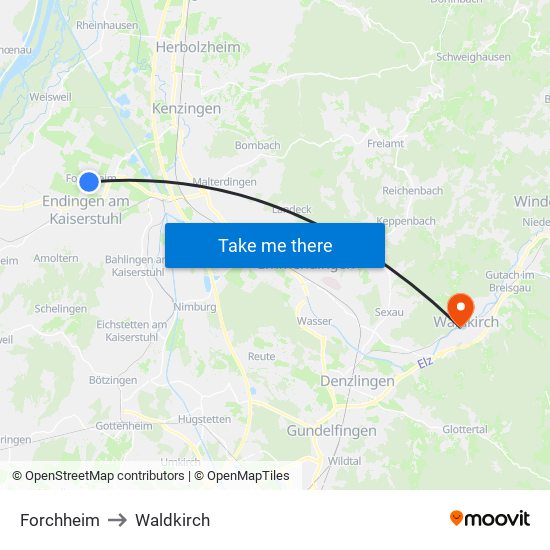 Forchheim to Waldkirch map