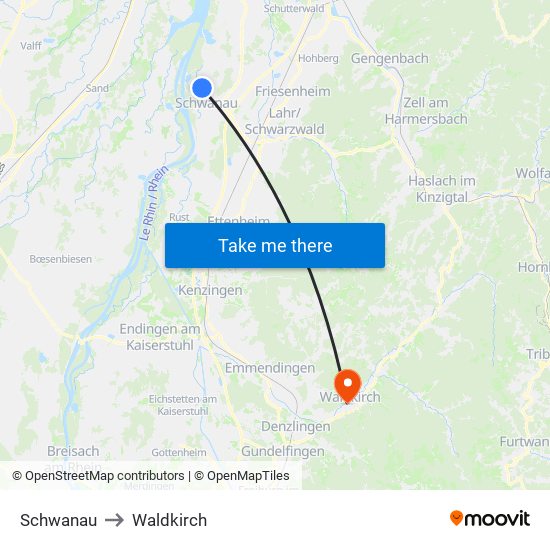 Schwanau to Waldkirch map
