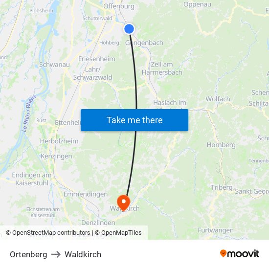 Ortenberg to Waldkirch map