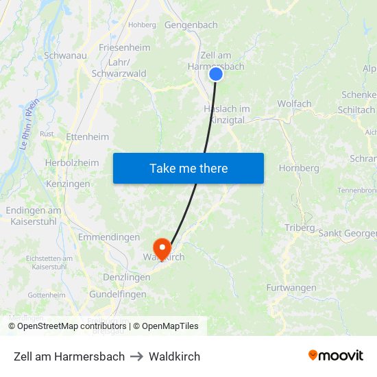 Zell am Harmersbach to Waldkirch map