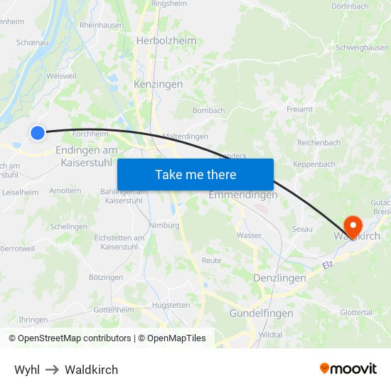 Wyhl to Waldkirch map