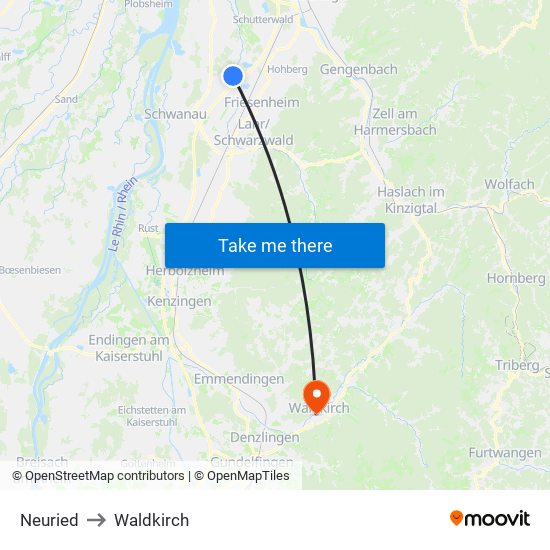 Neuried to Waldkirch map