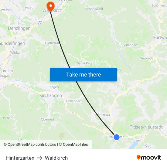 Hinterzarten to Waldkirch map