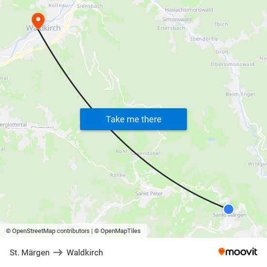 St. Märgen to Waldkirch map