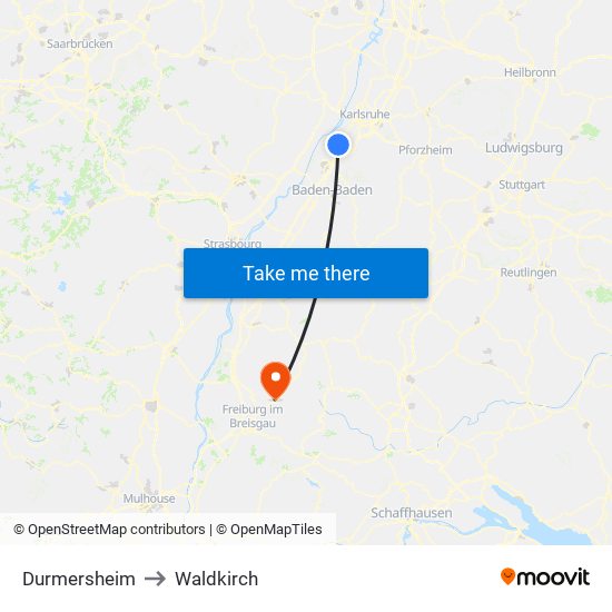 Durmersheim to Waldkirch map