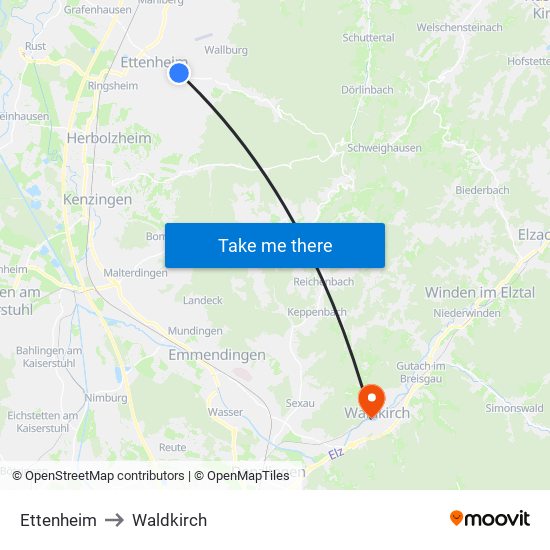 Ettenheim to Waldkirch map