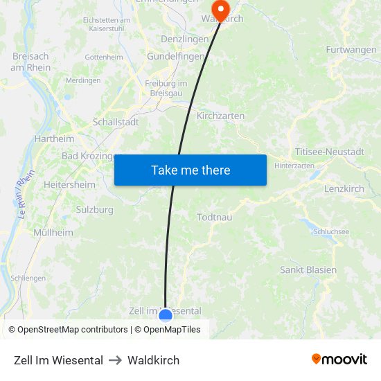 Zell Im Wiesental to Waldkirch map