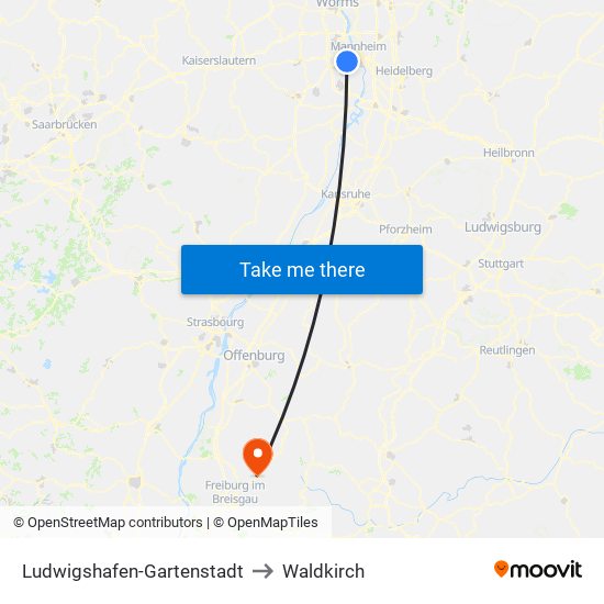Ludwigshafen-Gartenstadt to Waldkirch map
