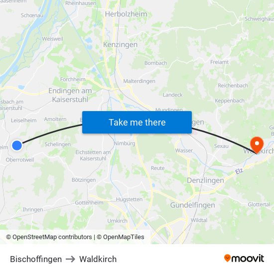 Bischoffingen to Waldkirch map