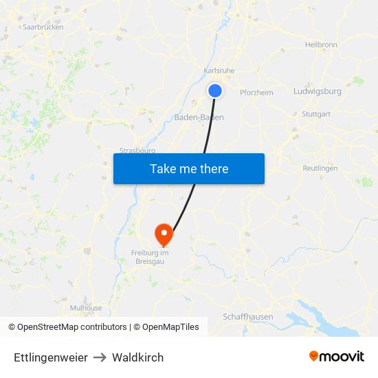 Ettlingenweier to Waldkirch map