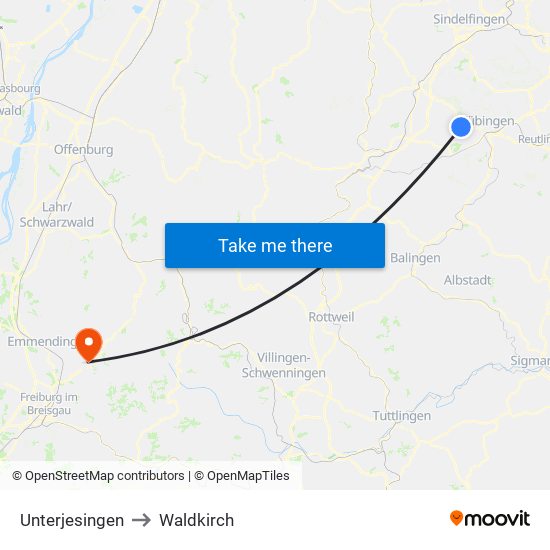 Unterjesingen to Waldkirch map