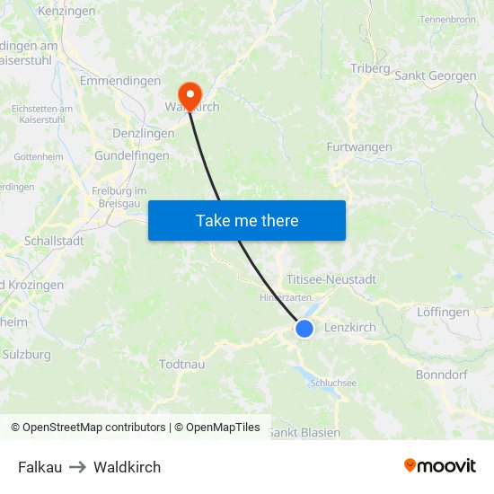 Falkau to Waldkirch map