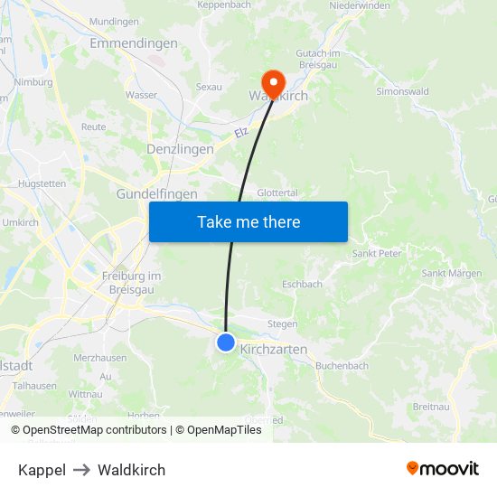 Kappel to Waldkirch map